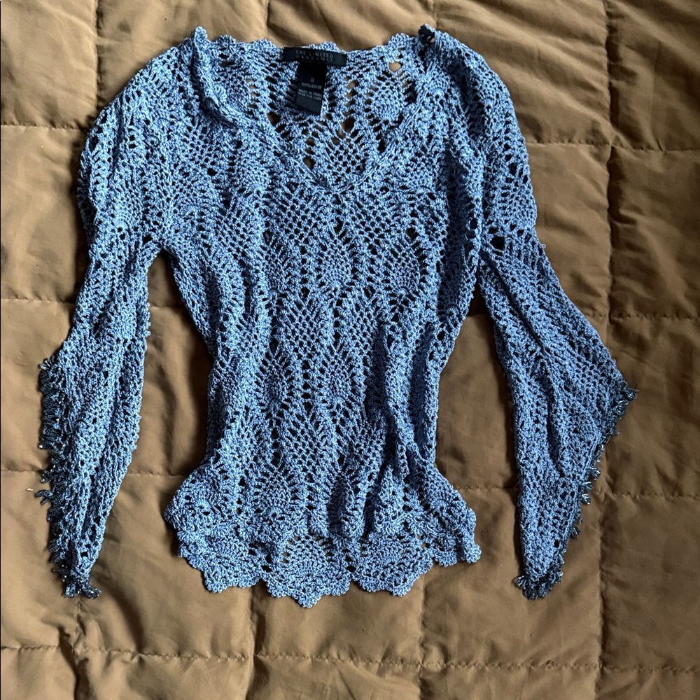 Women's Blue stretchy Crochet Sweater with beaded accents